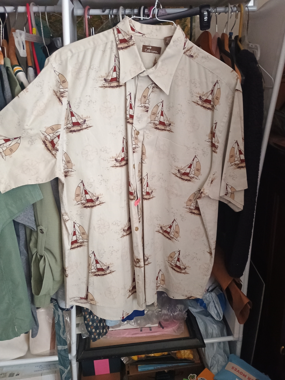 Cool Linen Sailboat Print Short-Sleeve Shirt - Cream/Brown